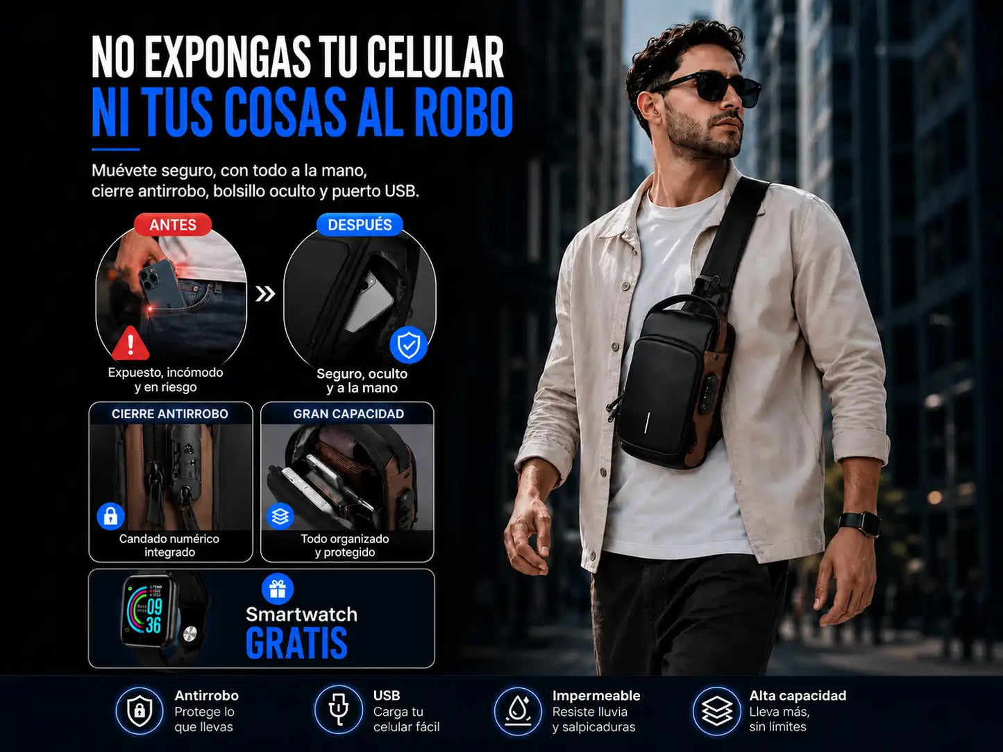 Mochila Antirrobo Cruzada + Smartwatch GRATIS 🔐