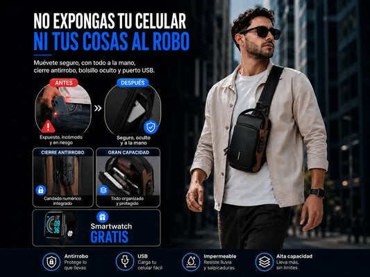 Mochila Antirrobo Cruzada + Smartwatch GRATIS 🔐